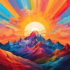 Fiery sunset paints the snow-capped peaks of a majestic mountain range