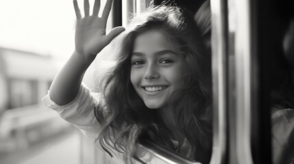 A young girl is waving to someone from the window of a train. She is smiling and she is happy