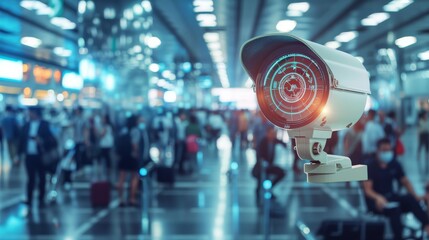 Hologram of cctv camera and facial recognition icons on airport background with crowd, security technology concept for business class lounge or travel terminal. double exposure photo. Generative AI.