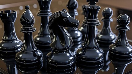 A set of glossy black chess pieces arranged for the start of a game, focusing on the intricate details and reflections on a polished black board. - Powered by Adobe