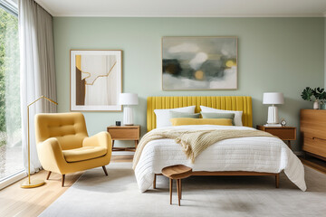 A serene bedroom boasting a mint green accent wall, a plush mustard-yellow armchair, and a low-profile bed, inviting peace.