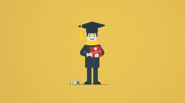 A student character in a 2D flat style illustration, holding a diploma with a graduation cap on. The background is plain to highlight the achievement of academic success.