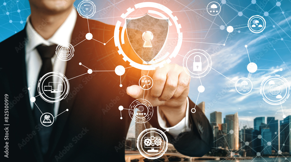 Poster cyber security and digital data protection concept. icon interface showing secure firewall technolog