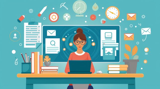 A teacher character in a 2D flat style, conducting a virtual classroom session. The background includes a computer screen with various educational icons, highlighting the theme of online learning.