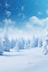 Fototapeta premium A snowy landscape with a blue sky and trees covered in snow. The scene is peaceful and serene, with the snow covering the ground and the trees creating a beautiful winter wonderland