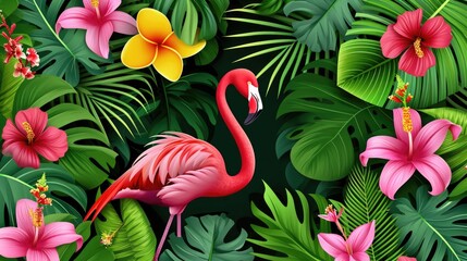 A pink flamingo is standing in a lush green jungle with flowers. The image has a tropical and exotic feel to it, with the vibrant colors of the flamingo