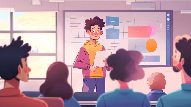 A student character in a 2D flat style illustration, presenting a project in front of the class. The background is minimal, with just a presentation board and a few classmates.