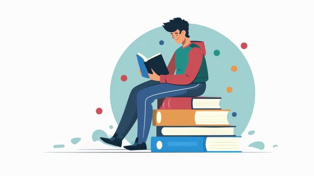 A 2D flat style illustration of a student character studying for a test with a stack of books. The background is simple, focusing on the academic preparation theme.