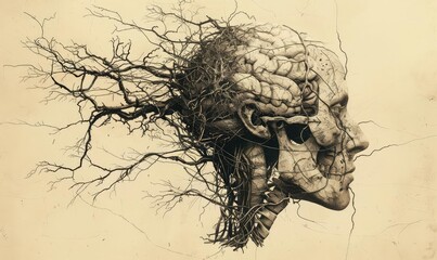 Neurological disorder depicted as tangled wires within a brain, Steampunk Style, Sepia Tone, Illustration, Representing malfunctioning neural connections