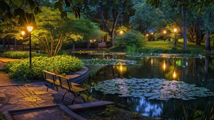 Obraz premium Tranquil Evening in a Scenic Park with Illuminated Walking Path and Serene Pond