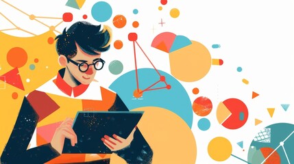 A student character in a 2D flat style illustration, solving a math problem on a tablet. The background is minimal, highlighting the integration of educational technology.