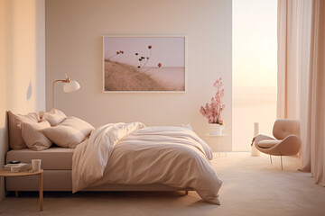 A serene bedroom featuring a sandy beige wall, a minimalist emerald armchair, and a low-profile bed...