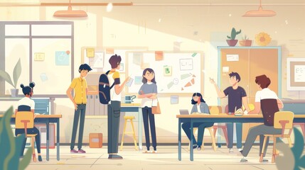 A group of student characters in a 2D flat style illustration, engaging in a collaborative project. The background includes a simple classroom setting with a few desks and project materials.