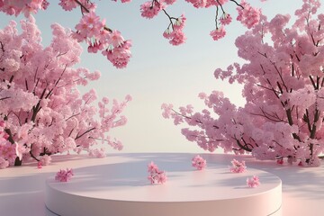 Natural beauty podium backdrop with spring sakura cherry blossom landscape scene. 3d ing.