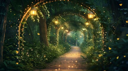 Enchanted Forest Pathway with Glowing Lanterns and Magical Fireflies at Night