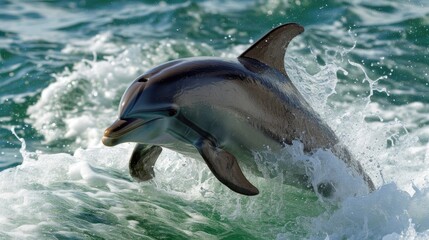 Obraz premium A dolphin is leaping out of the water. Concept of freedom and joy as the dolphin soars through the waves