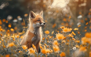 A baby fox is standing in a field of flowers