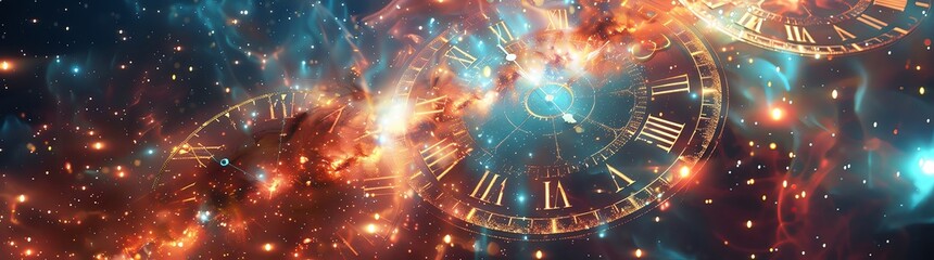Abstract background with a clock and time concept, digital space design, universe, nebula and starry sky, light effect. Abstract motion blurred shapes of clocks in the style of the cosmos. Stock photo