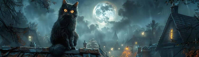 Mystical Cat in Moonlit Town