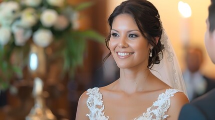 Fototapeta premium Elegant Bride Radiates Grace in Intricately Beaded White Gown Adorned with Delicate Lace