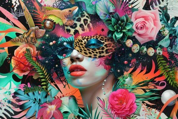 Colorful collage of female face with leopard print eye patch, tropical plants and glittery roses and pearls