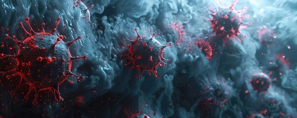 Pandemic data transforming into a digital storm, Futuristic, Monochrome with Red Highlights, 3D Render, Symbolizing data and biological crisis