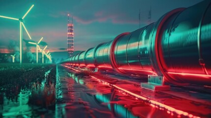 A concept for green hydrogen production featuring a hydrogen pipeline with wind turbines in the background
