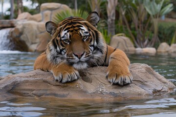 Tiger Resting on Rock by Water