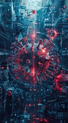 Pandemic illustrated as a digital virus infiltrating global networks, Cyberpunk, High Contrast, Dark Background, Highlighting cyber threats