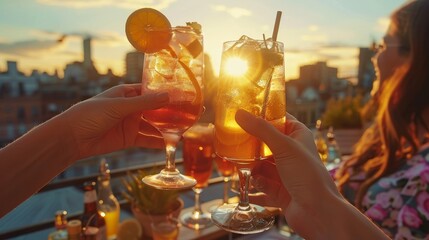 Friends toasting with summer cocktails at a rooftop bar. Generative AI.
