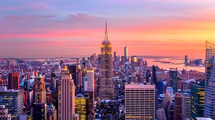 Fototapeta premium New York City Skyline Glowing in Sunset Splendor, Panoramic Vantage Point Perspective