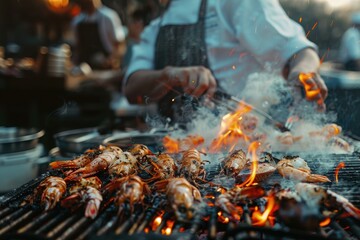 a person cooking food on a grill with flames