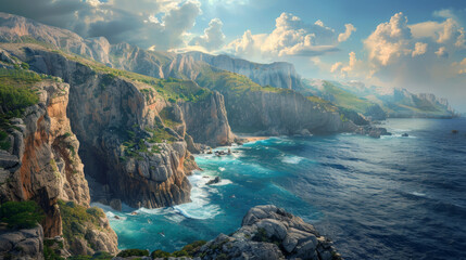 A dramatic coastal scene with steep cliffs, crashing waves, and a panoramic view of the ocean, ideal for adventurous and inspiring summer backdrops.