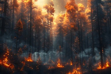 A dense forest with trees that have leaves made of flames. Global warming concept. 