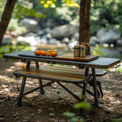 A picnic table with a bench and a cooler with a cup and a bottle