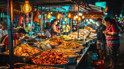 A bustling street food market at night, with colorful food stalls offering a variety of global delicacies, captured under bright, professional lighting to showcase the rich colors