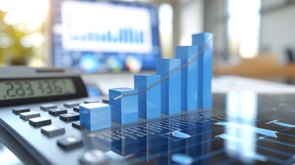 Blue 3D Bar Graph on Calculator with Financial Charts in Background. Business and Finance Concept