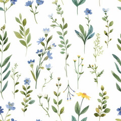 seamless pattern of herb and flower isolated on white background, watercolor painting style, painting on canvas, minimal style