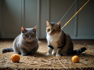 Playful kitten with bright eyes perched on a chair, ready to pounce on its unsuspecting mouse friend