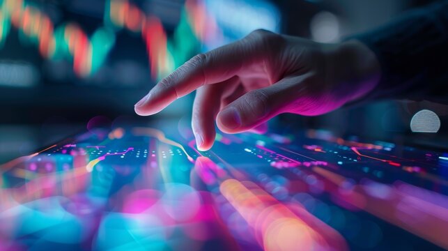 Technological Hand Gesture on Interactive Digital Display with Neon Light Reflections