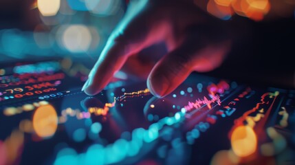 Close-Up of Hand Interacting with Financial Data on Digital Tablet Display with Vibrant Neon Lighting