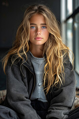 Fototapeta premium A stylish young lady appears melancholy, her expression reflecting inner turmoil and sadness
