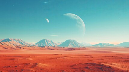Expansive red desert, clear blue sky, two moons on the horizon