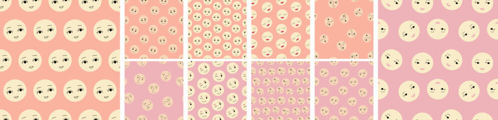 Bundle of ten patterns, cartoon shapes. Endless texture, bright colorful composition.
