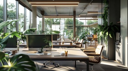 Modern Office Interior with Meeting and Coworking Spaces

