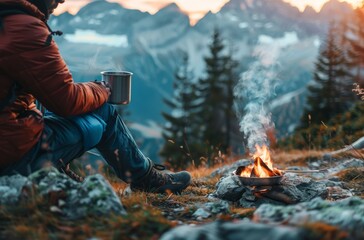 A man sits by a fire with a cup of coffee in his hand