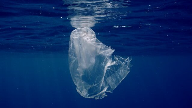 Plastic bag underwater with sun rays under waves of water, Slow motion. Old torn plastic bag drifts underwater on sunny day in sunbeams. Environmental Issue underwater plastic pollution in Ocean