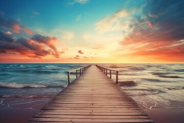 Fototapeta premium A stunning sunrise over a serene lake with a wooden pier extending into the tranquil water, under a vibrant sky full of colors and clouds.