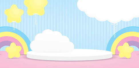 cute kawaii style podium stage with sky element display props 3d illustration vector for putting product or object