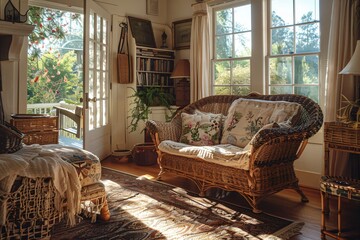 A cozy living room bathed in warm sunlight, with a vintage wicker loveseat adorned with floral cushions, a bookshelf filled with books, and a glimpse of a porch through a glass door.